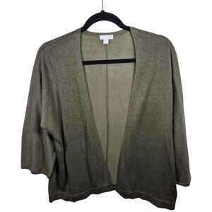 J Jill Sweater Womens L Green Linen Blend Cardigan Open 3/4 Sleeve Lightweight
